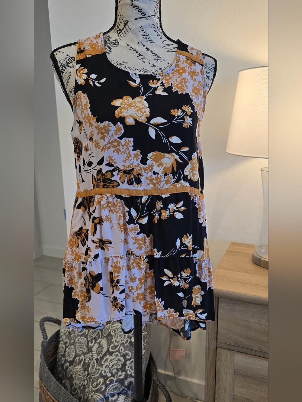 Black & Mustard Floral Tiered Sleeveless Tunic